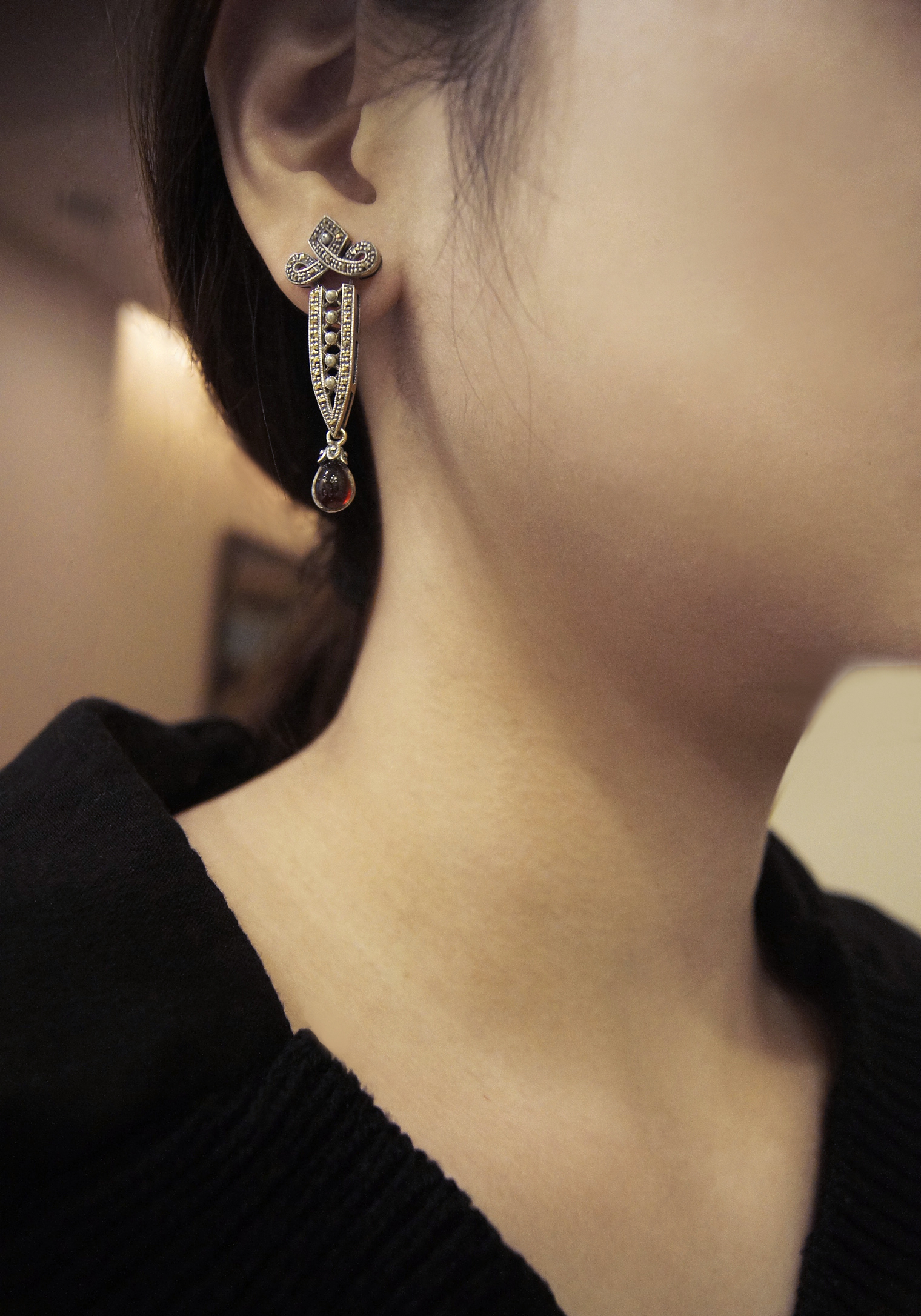 宮廷感網紗紅榴石耳環（OP0557）