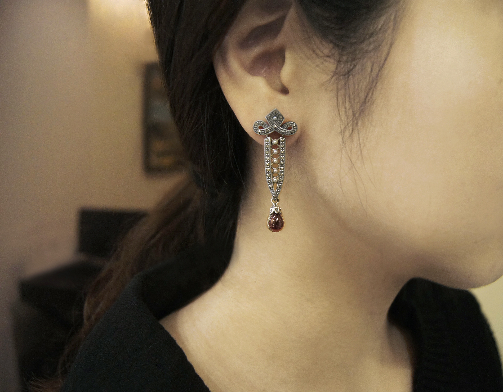 宮廷感網紗紅榴石耳環（OP0557）