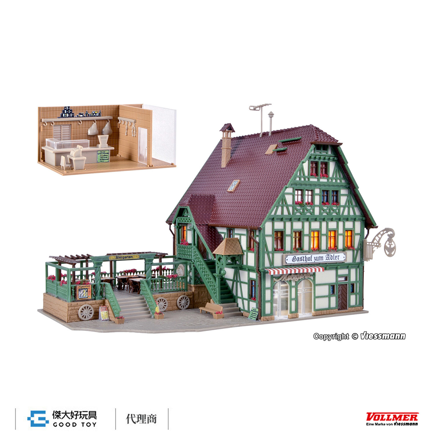 Vollmer 43736 HO Inn with butchery, interior and LED lighting, functional kit