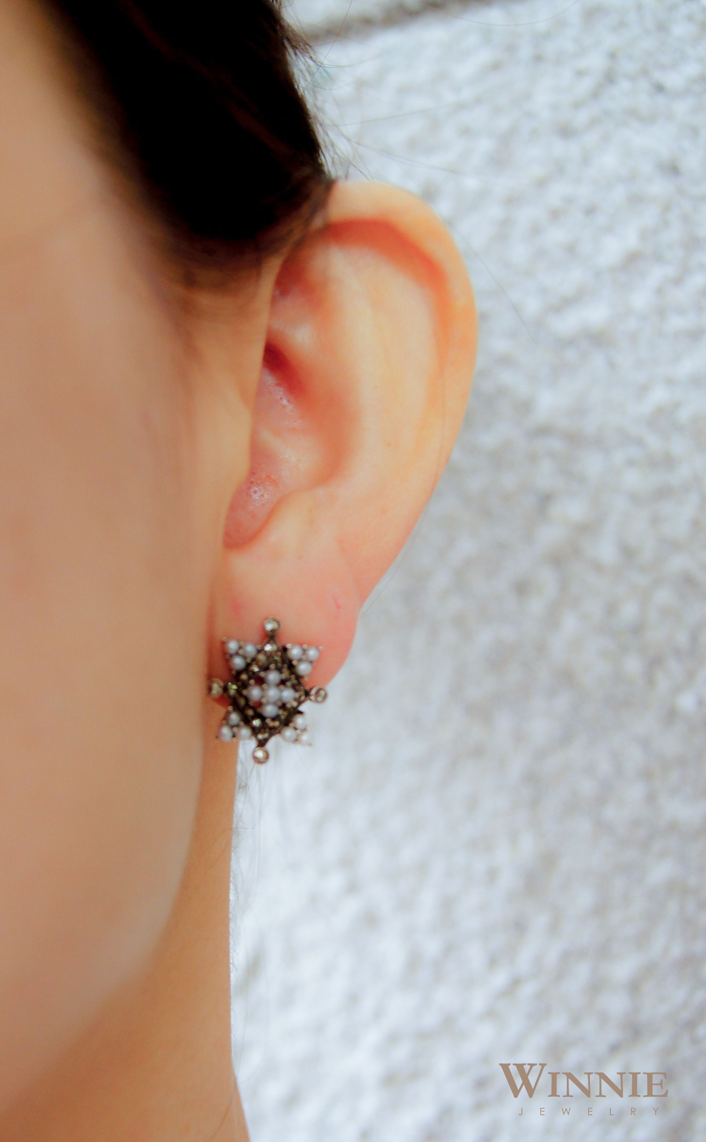 貼耳四角珍珠耳環