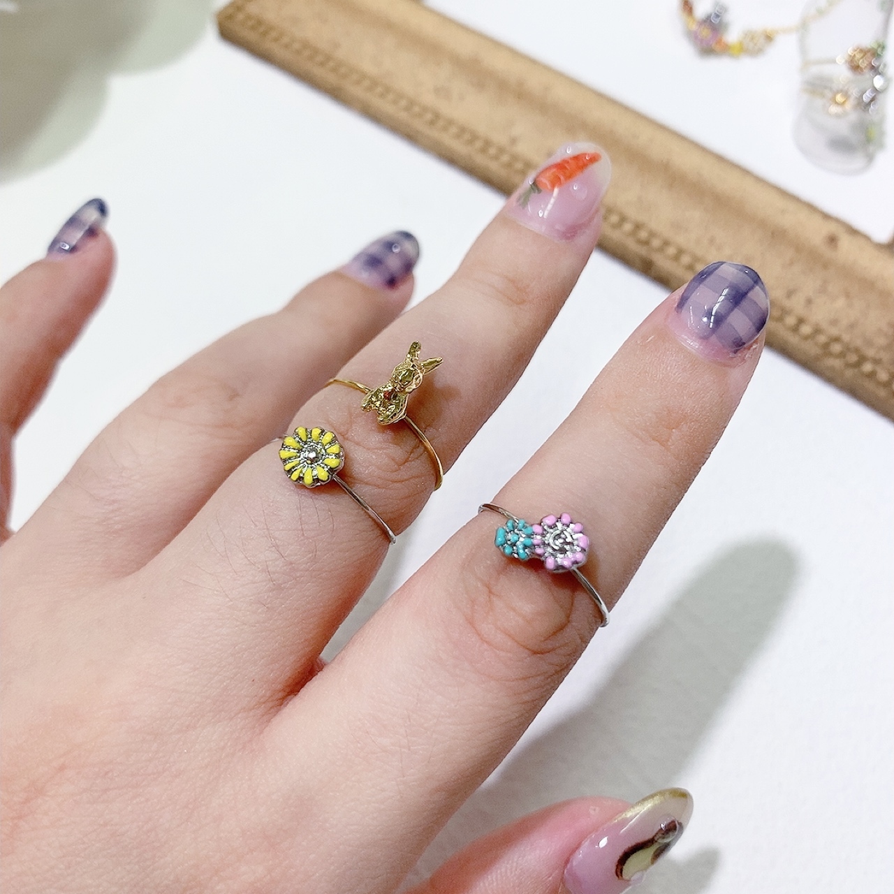 [日本制] 琺瑯兔仔&小花戒指set