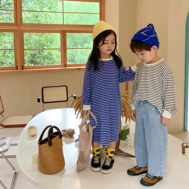 少量現貨 兄妹裝 條紋上衣&連衣裙 2色 80-130cm