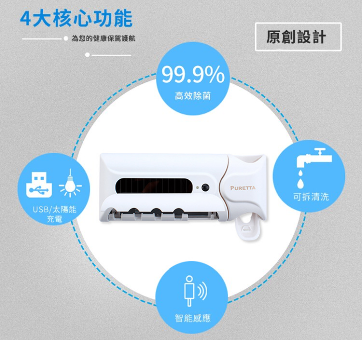 PURETTA 第二代 UV紫外線+光觸媒雙效消毒牙刷收納架(牙膏擠壓器+壁掛收納+殺菌)