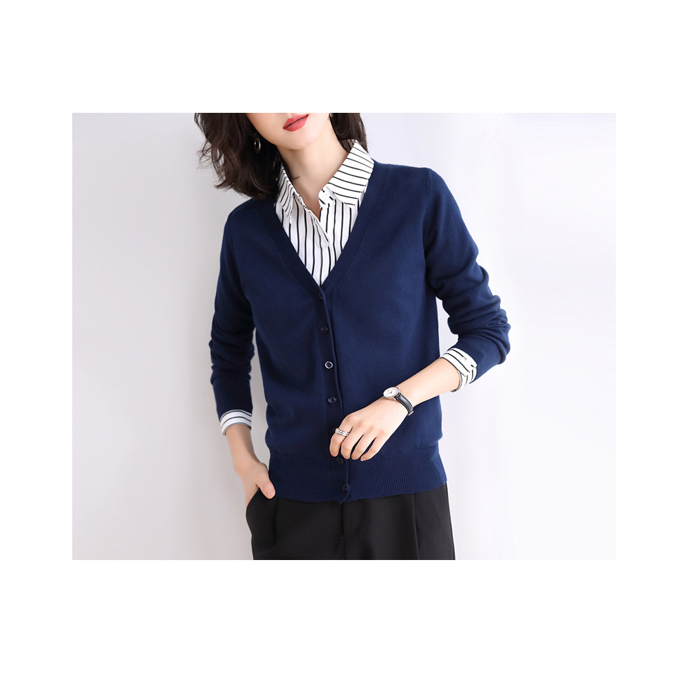 DEER.W V領排釦純色細織外套 藏青