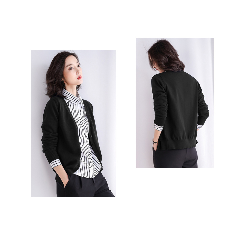 DEER.W V領排釦純色細織外套 黑色