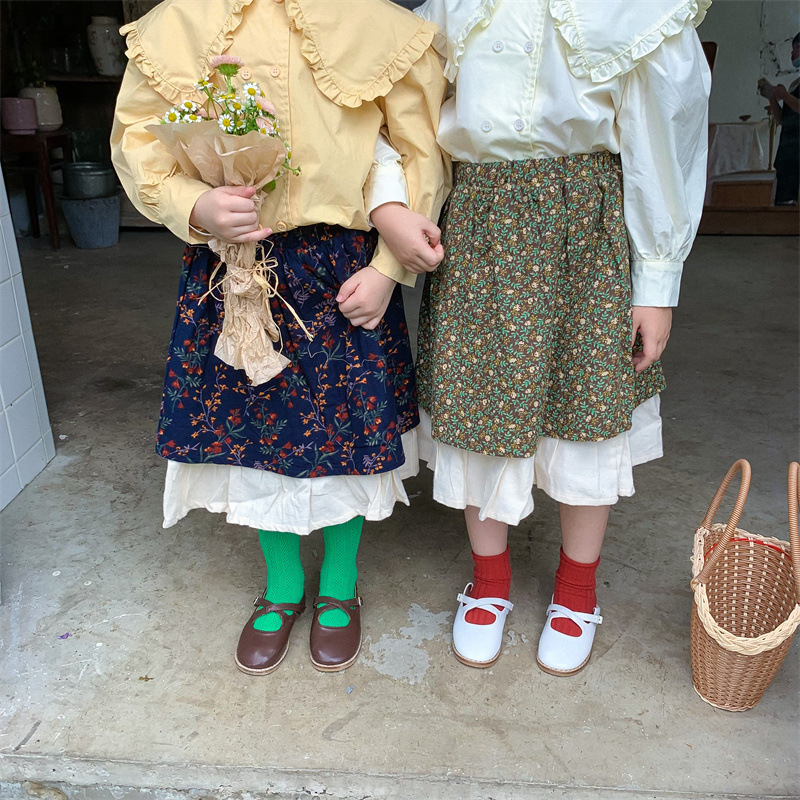 雙層復古碎花及膝裙 2色