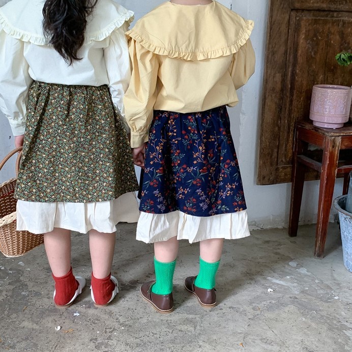 雙層復古碎花及膝裙 2色