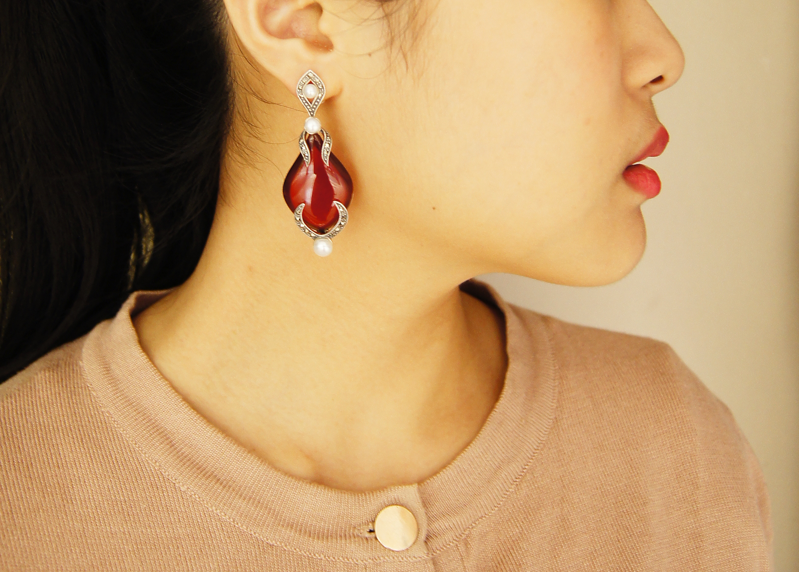 紅瑪瑙珍珠菱形耳環