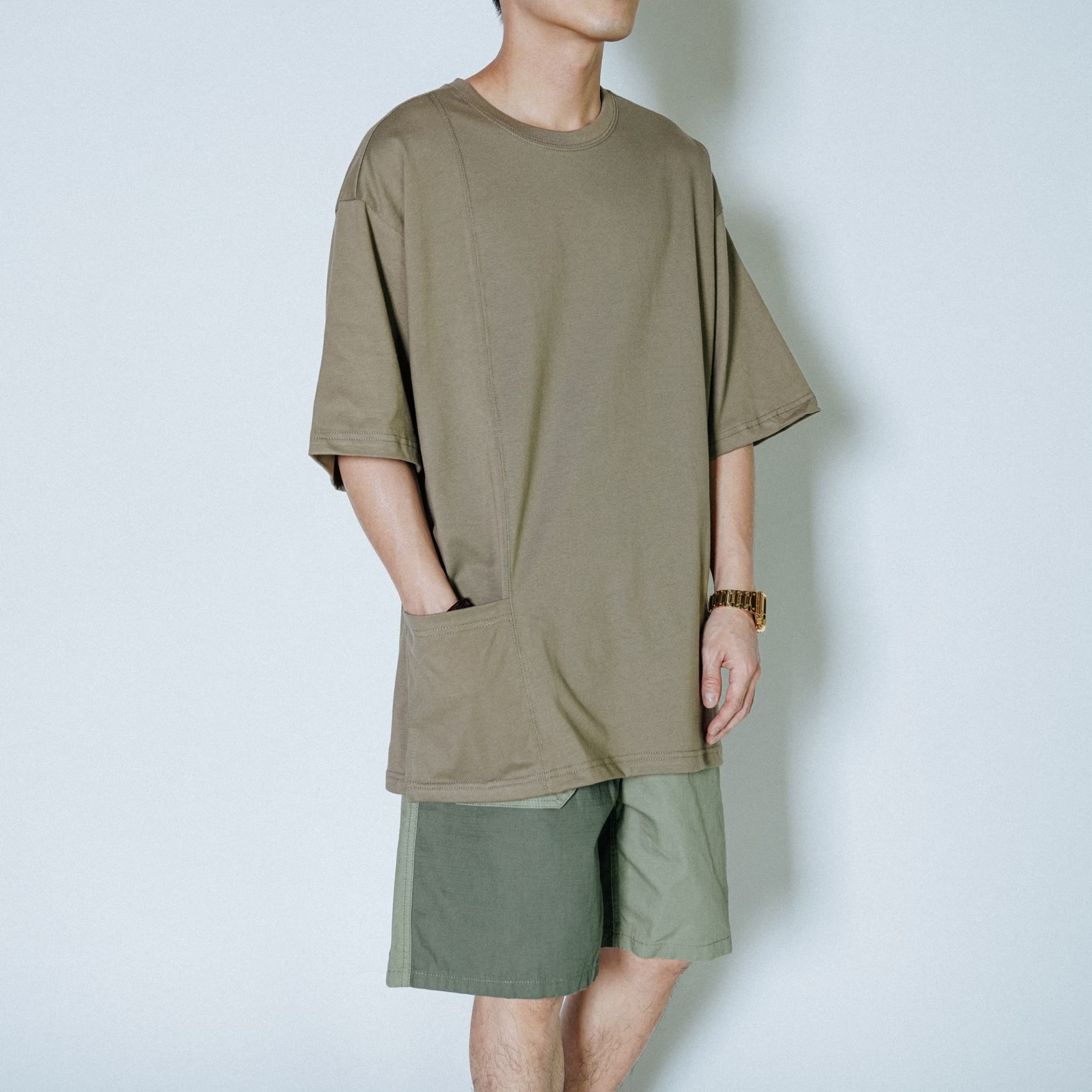 16支精梳棉 單邊口袋 開叉落肩短T【P0501】