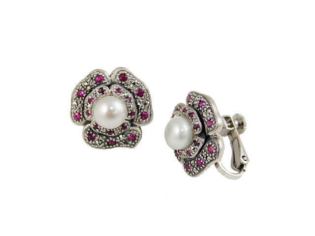紅寶花朵耳環（夾式）