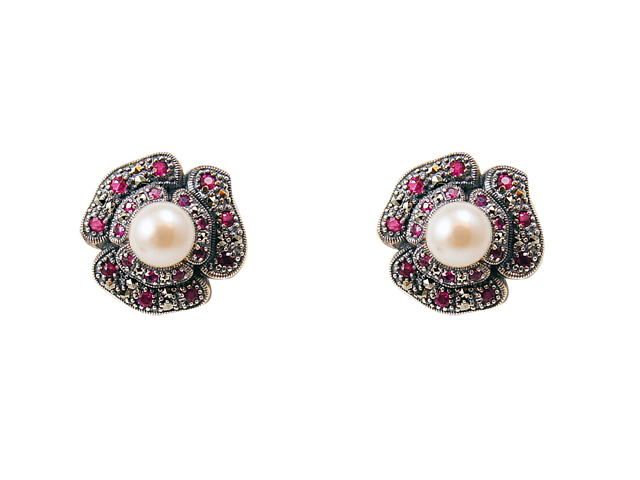 紅寶花朵耳環