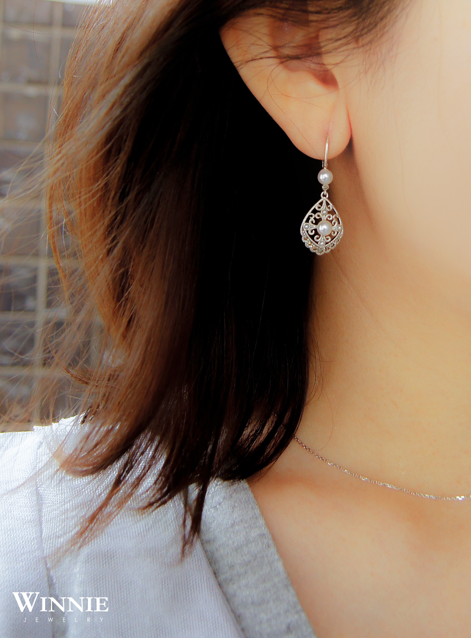 蕾絲片珍珠耳環