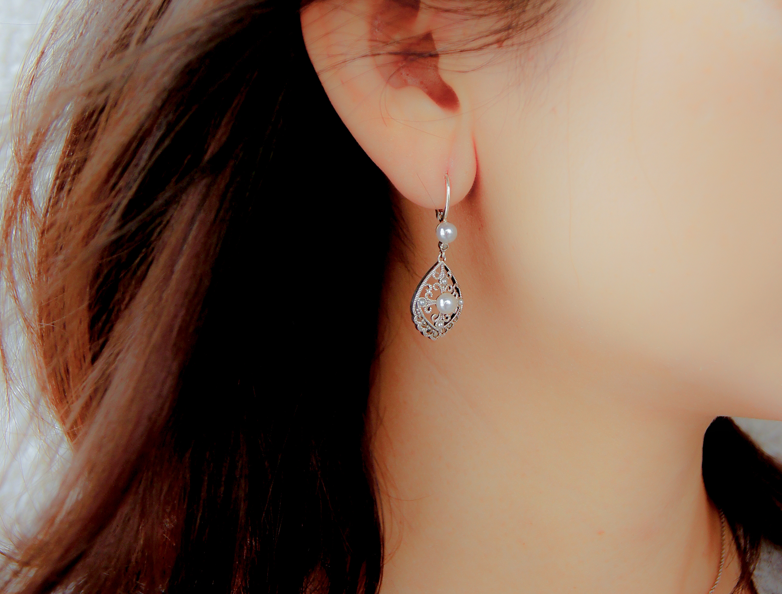 蕾絲片珍珠耳環