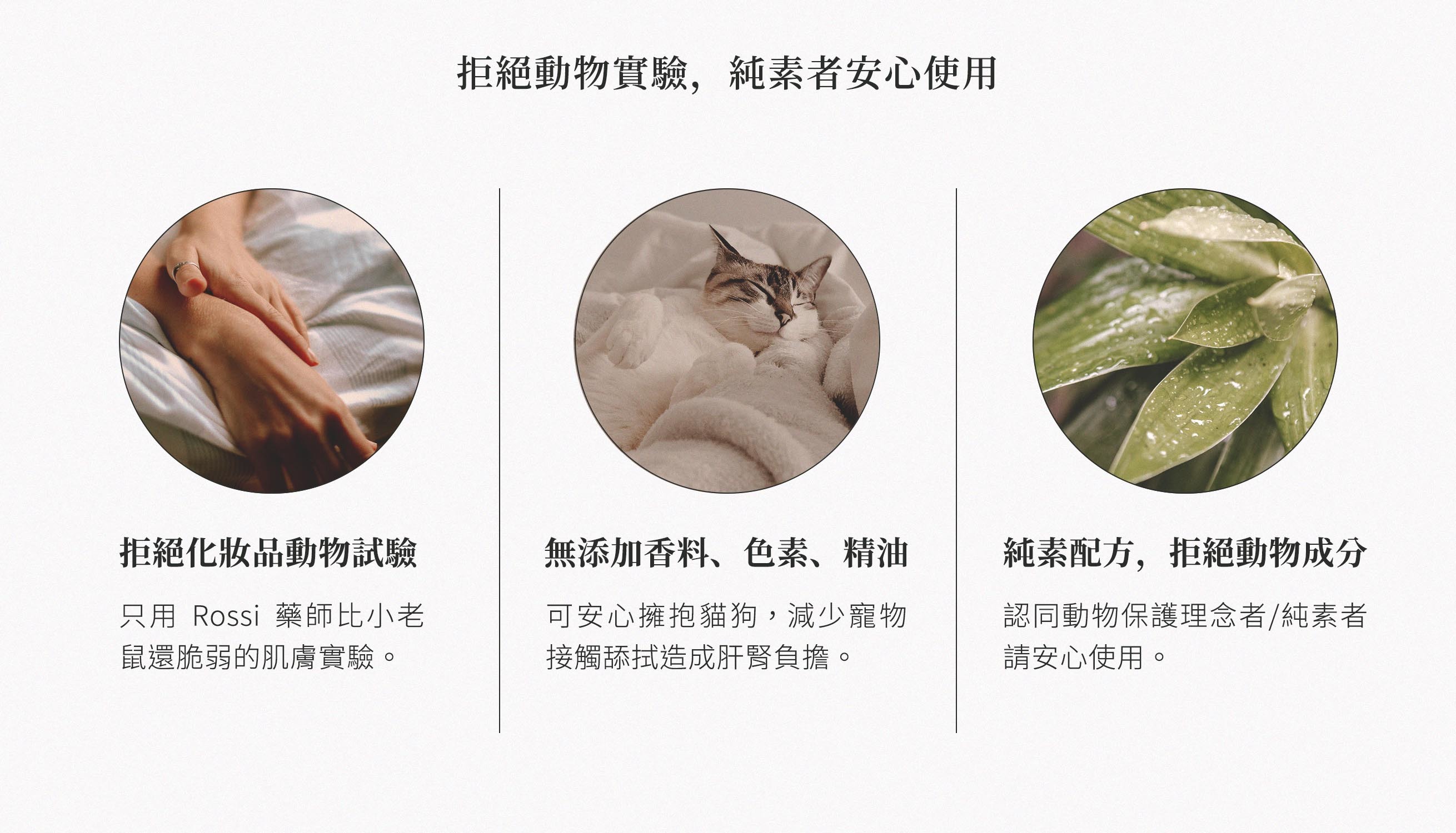 decent rossi產品的製作理念：拒絕化妝品動物實驗，只用Rossi藥師比小老鼠還脆弱的肌膚實驗。無添加香料、色素、精油，可安心擁抱貓狗，減少寵物接觸舔拭造成肝腎負擔。純素配方，拒絕動物成分，認同動物保護理念/純素者請安心使用。