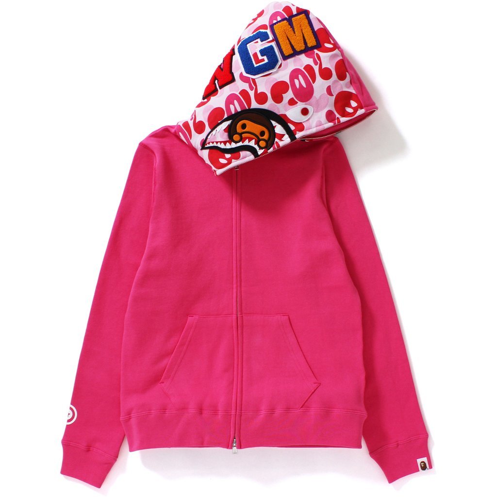A BATHING APE MILO FULL ZIP SHARK HOODIE PINK CAMO 半迷彩 鯊魚外套 女版 粉紅色 MELO