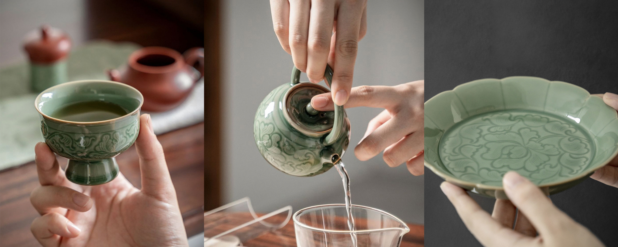 品藏 龍泉青瓷功夫茶具 雕刻牡丹 茶壺/茶杯/茶盤