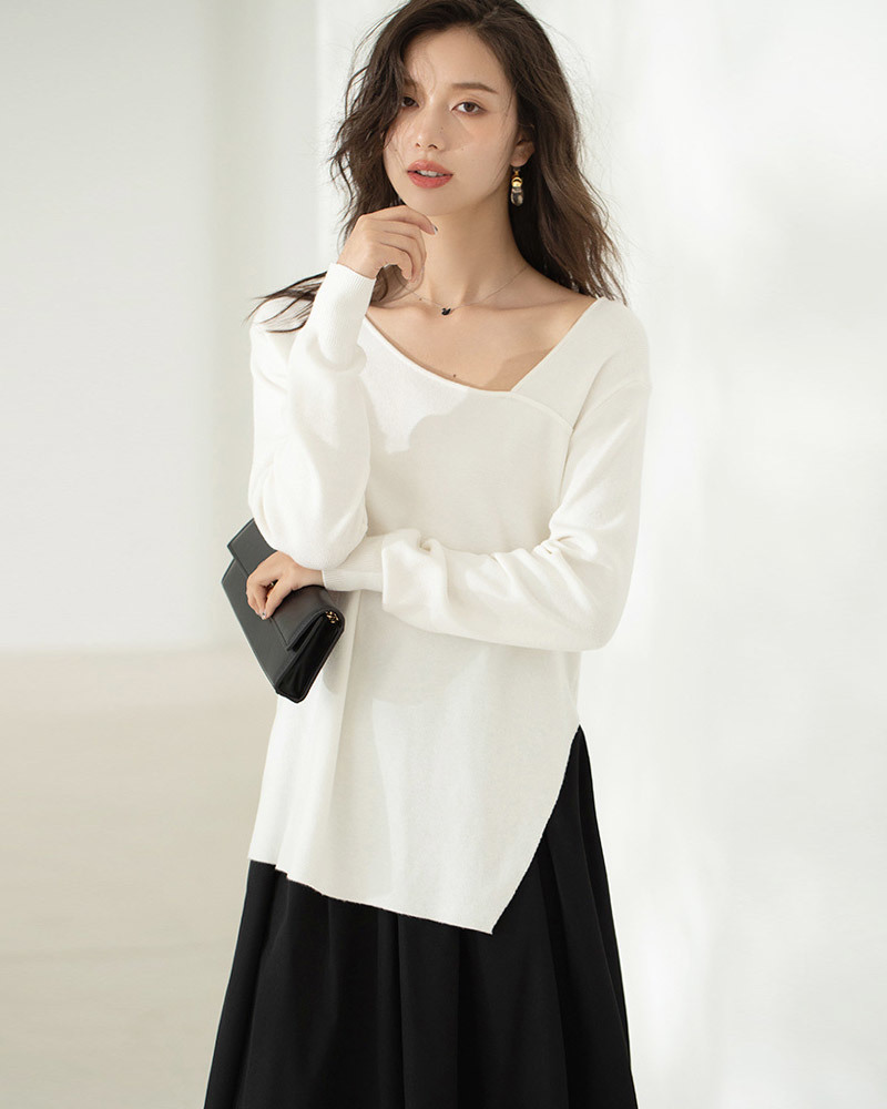 杏F【零碼出清不退換】斜領側開衩長版針織上衣