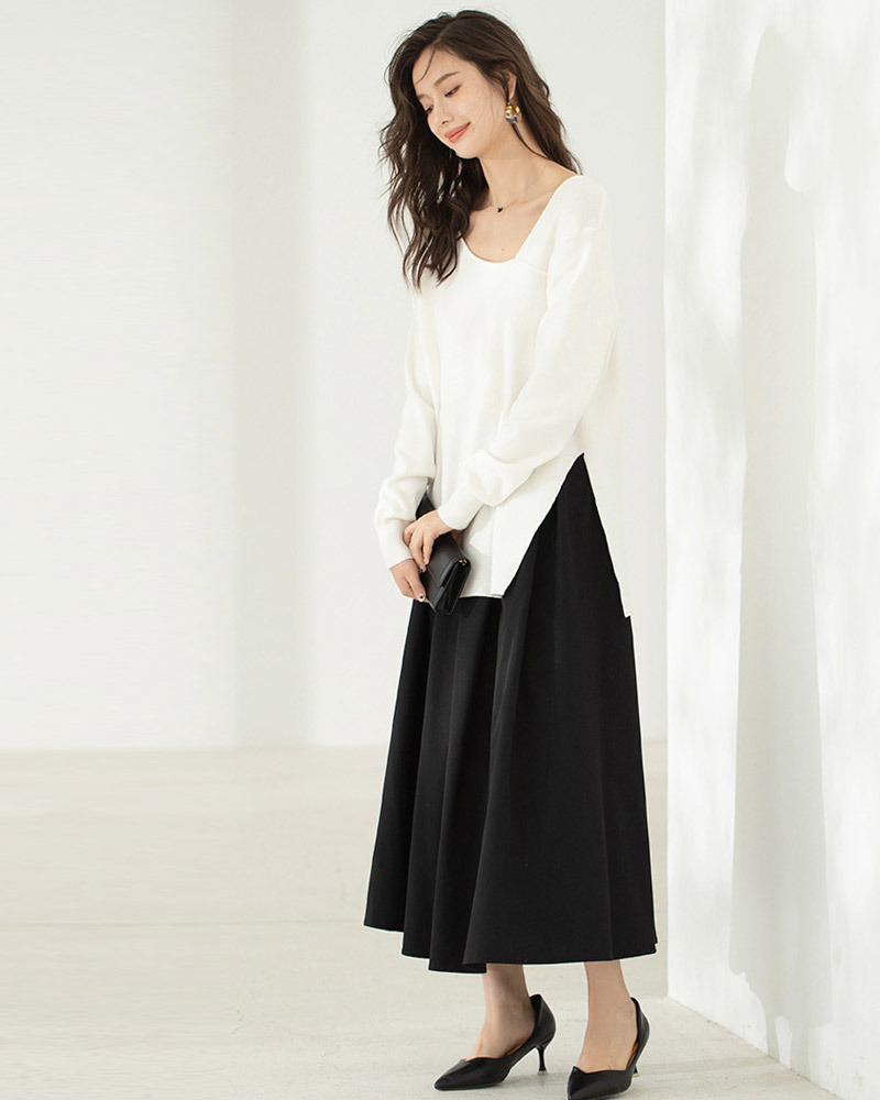 DEER.W 斜領側開衩長版針織上衣 白色