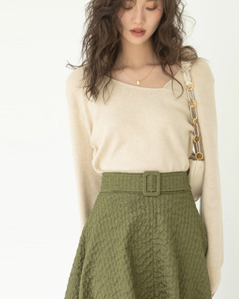 DEER.W 斜領側開衩長版針織上衣 杏色