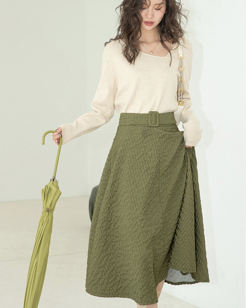 DEER.W 斜領側開衩長版針織上衣 杏色