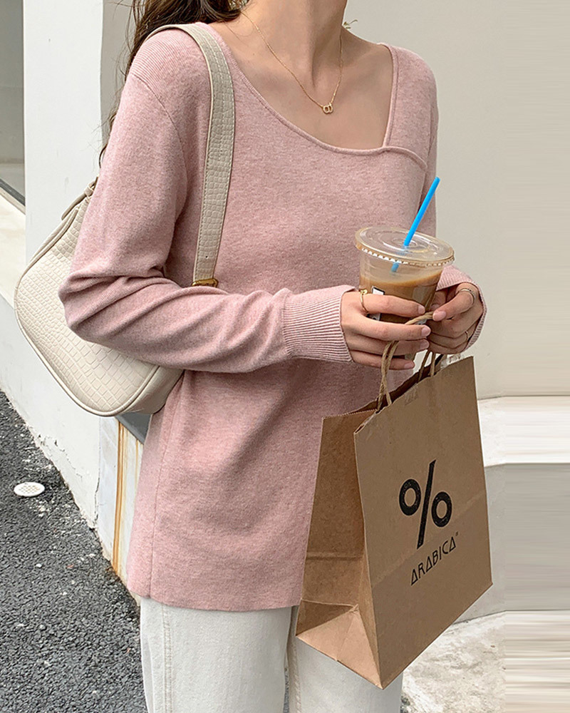 DEER.W 斜領側開衩長版針織上衣 粉色