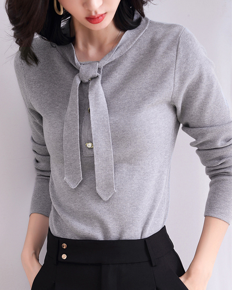 杏L【零碼出清不退換】造型寶石釦綁帶針織上衣