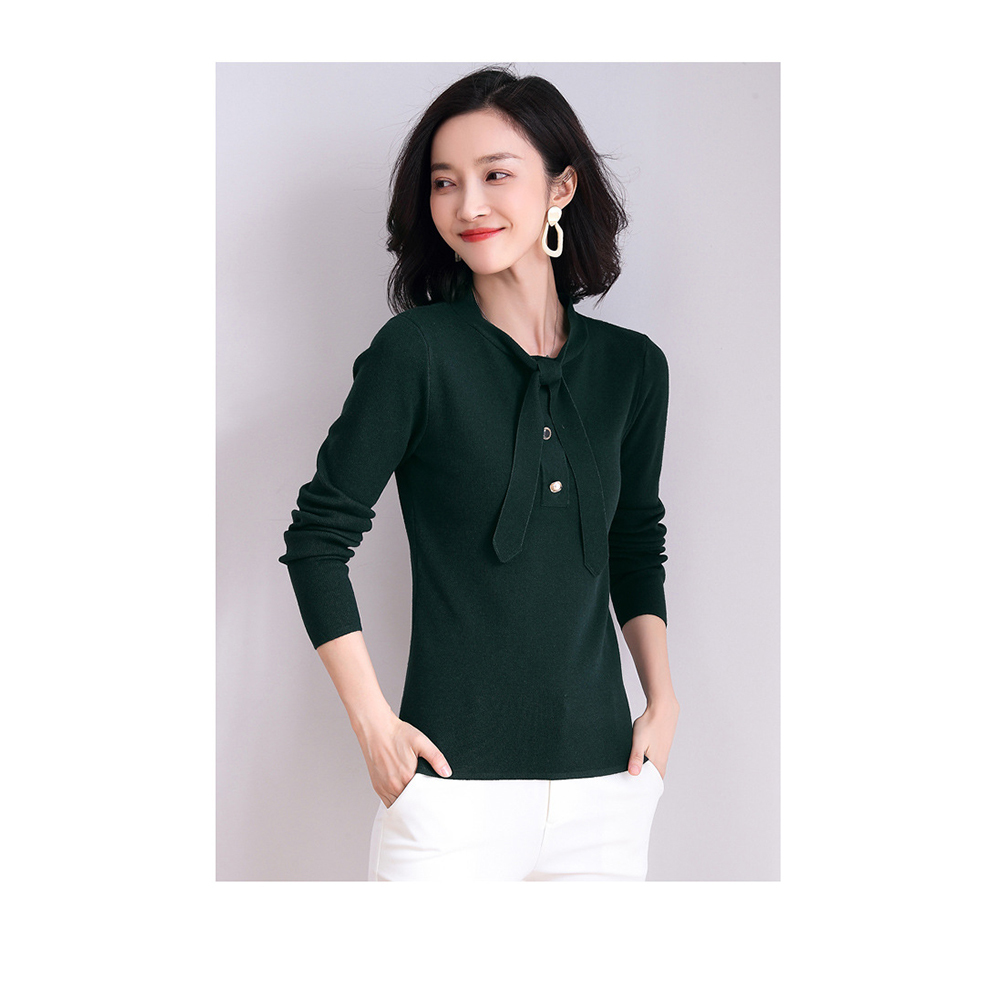 DEER.W 造型寶石釦綁帶針織上衣 墨綠