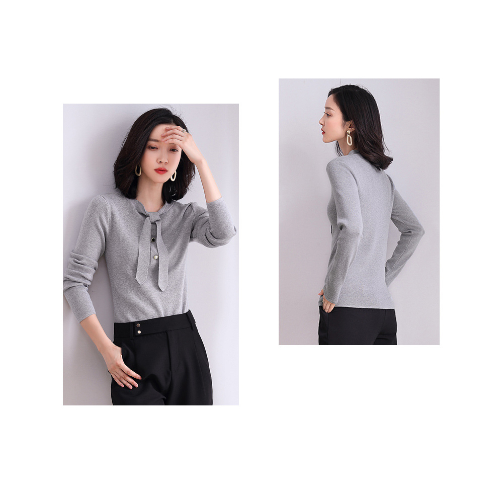 DEER.W 造型寶石釦綁帶針織上衣 灰色