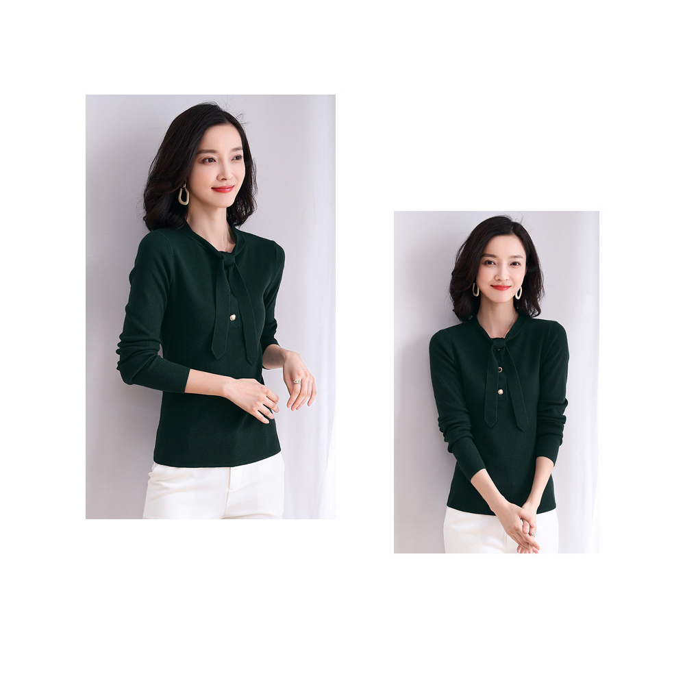 DEER.W 造型寶石釦綁帶針織上衣 墨綠