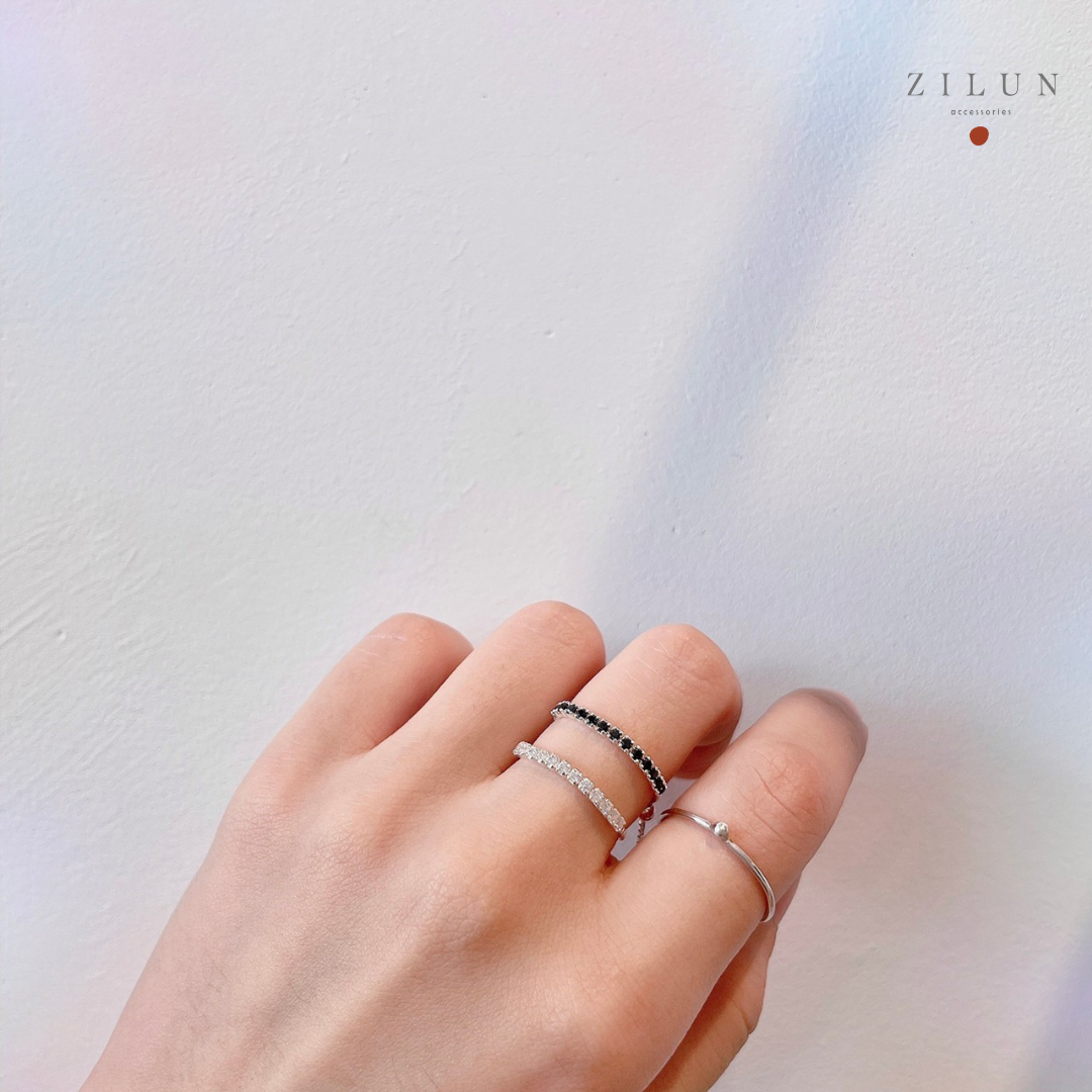│簡約│神秘黑 • 微鑲鋯石 • 可調式鍊戒 • 純銀戒指 • 925silver
