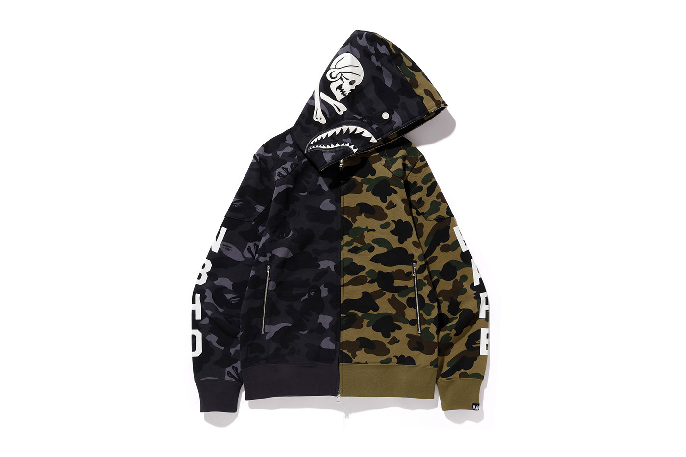 -(B4c04)-BAPE X NEIGHBORHOOD CAMO SHARK FULL ZIP HOODIE 聯名 拼接鯊魚外套 黑綠 陰陽 2018