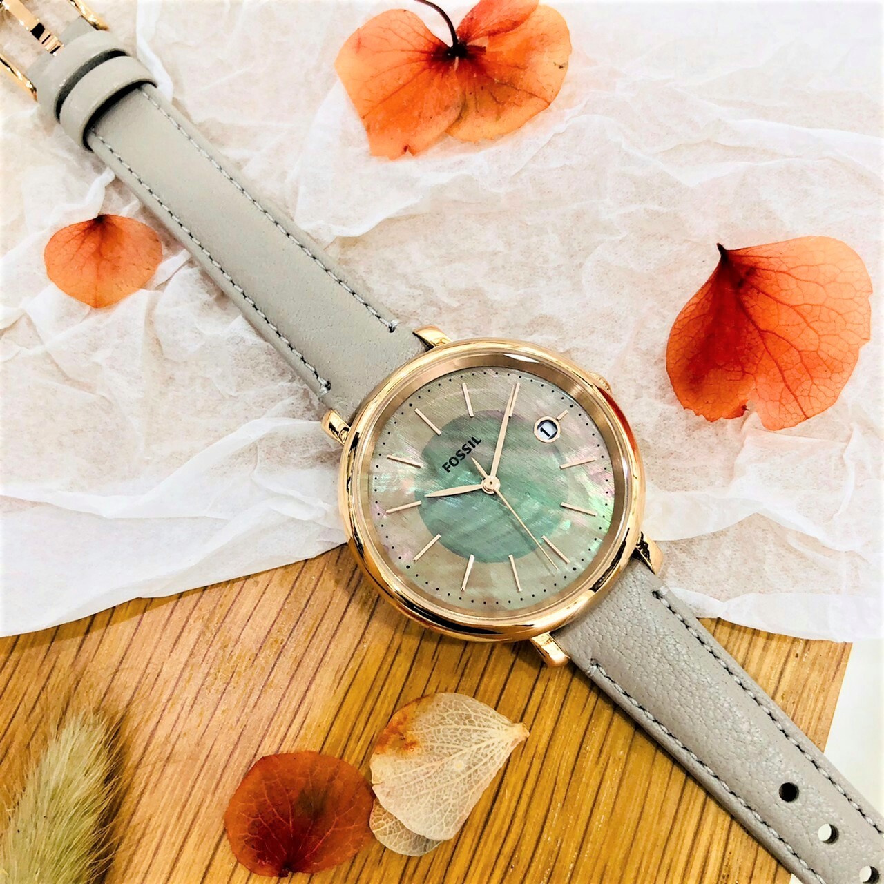 【FOSSIL】Jacqueline 雙圈經典簡約女錶 灰色真皮錶帶  ES5091 36mm 現代鐘錶