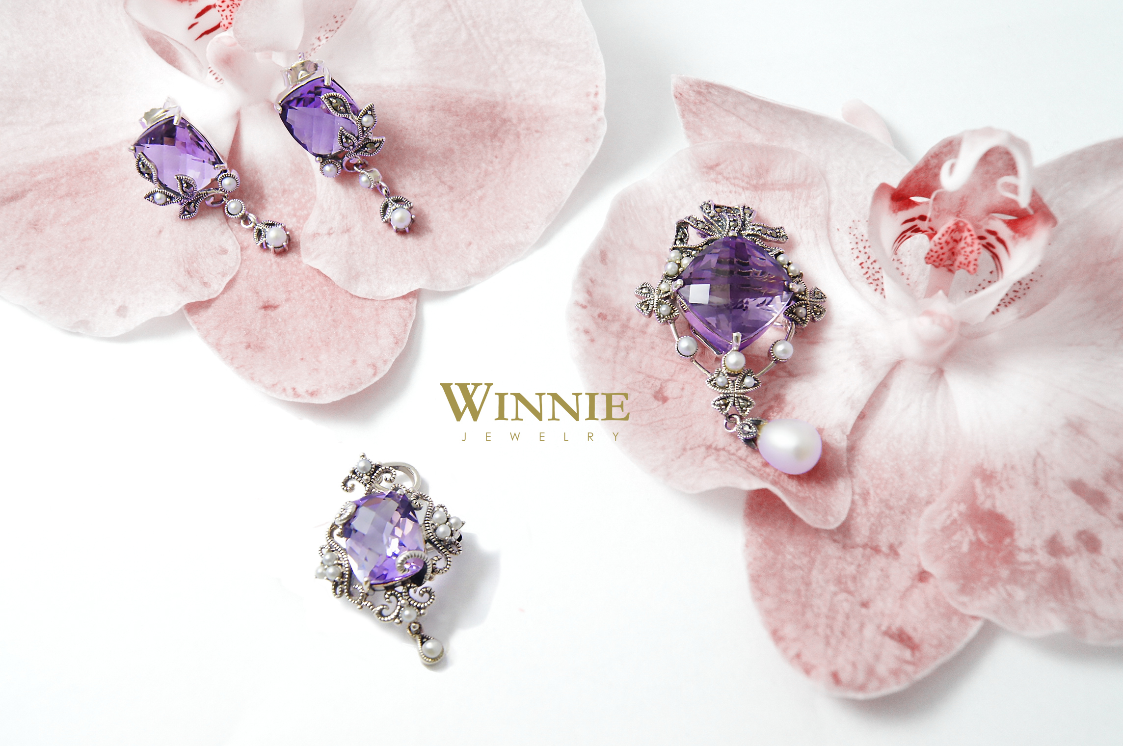 紫水晶花邊垂吊胸墜OP1516