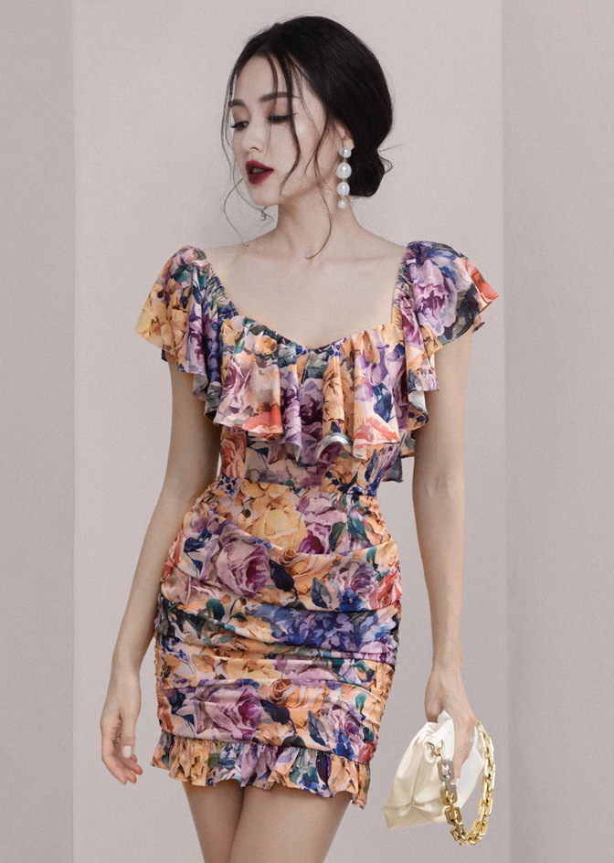 復古印花 荷葉邊修身洋裝