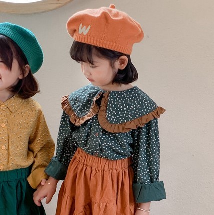 復古風大翻領綠碎花上衣