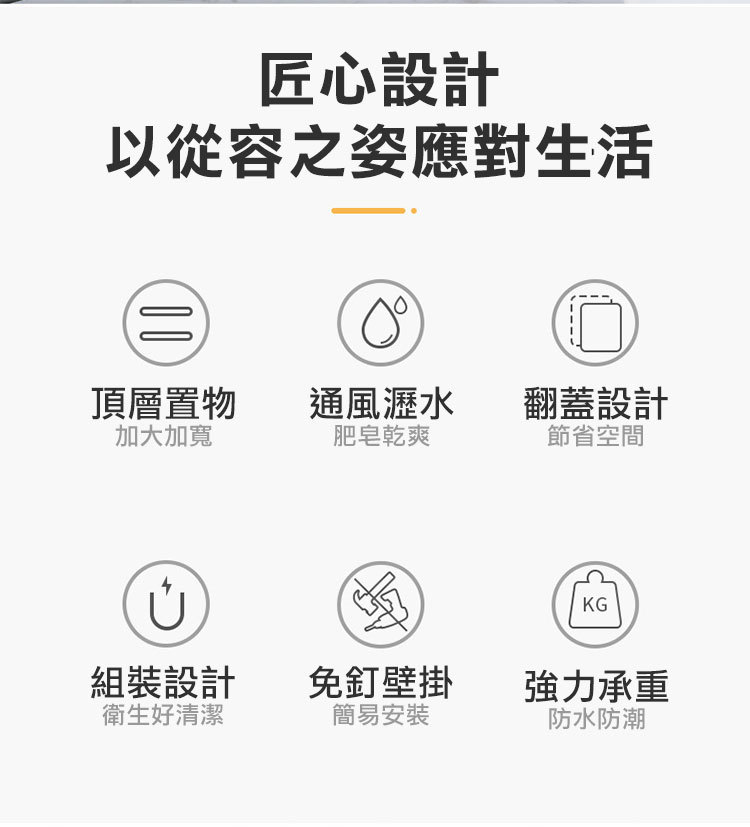 匠心設計以從容之姿應對生活頂層置物通風瀝水翻蓋設計加大加寬肥皂乾爽節省空間KG組裝設計免釘壁掛強力承重衛生好清潔簡易安裝防水防潮