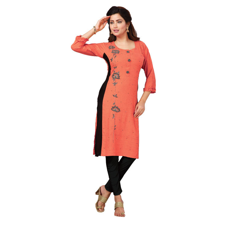 Women Peach Rayon Beads Long Top Kurti Q1339