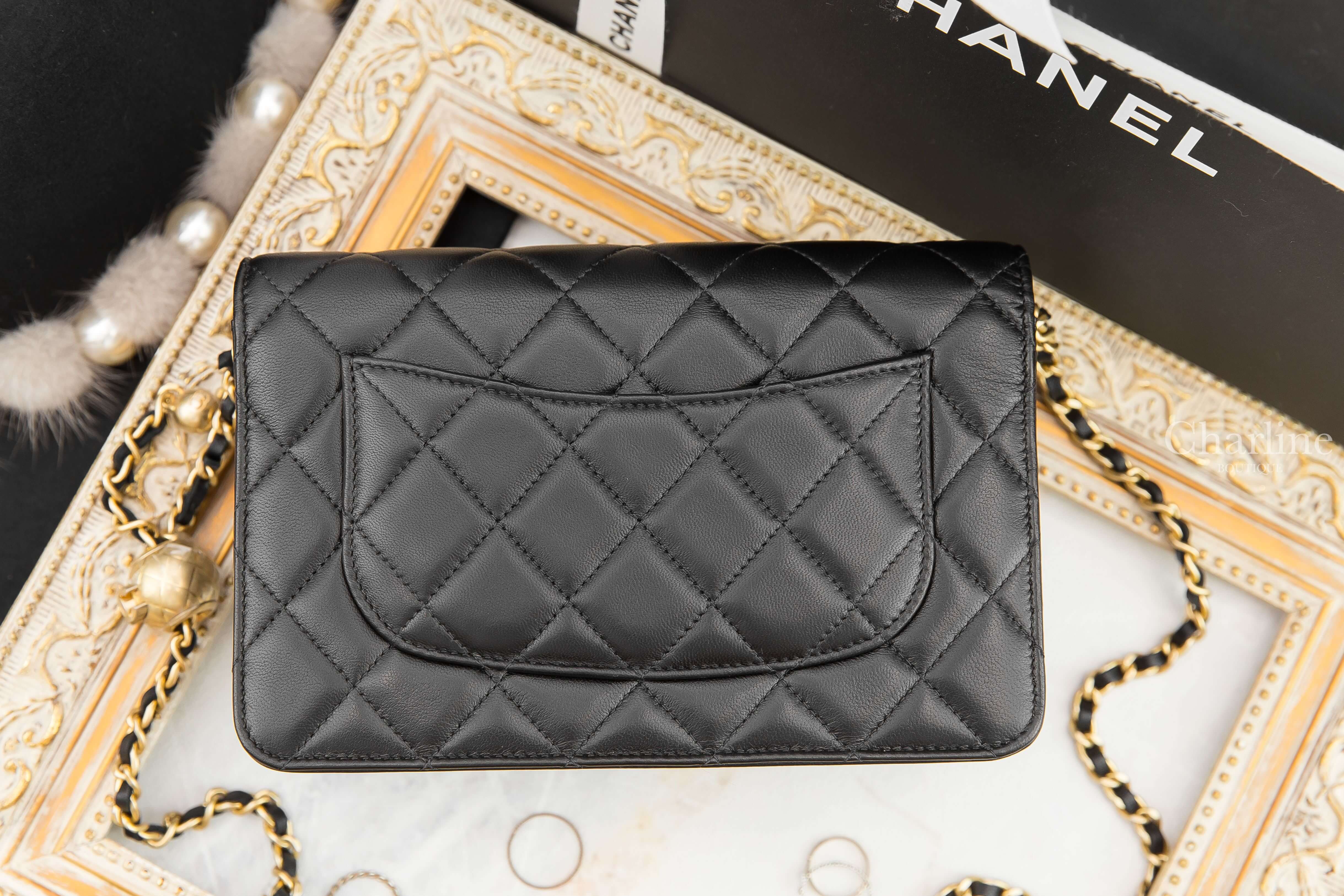 Chanel Wallet On Chain 黑色金CC金色小珠鍊帶小羊皮菱格紋肩背包-Charline Boutique 精品代購