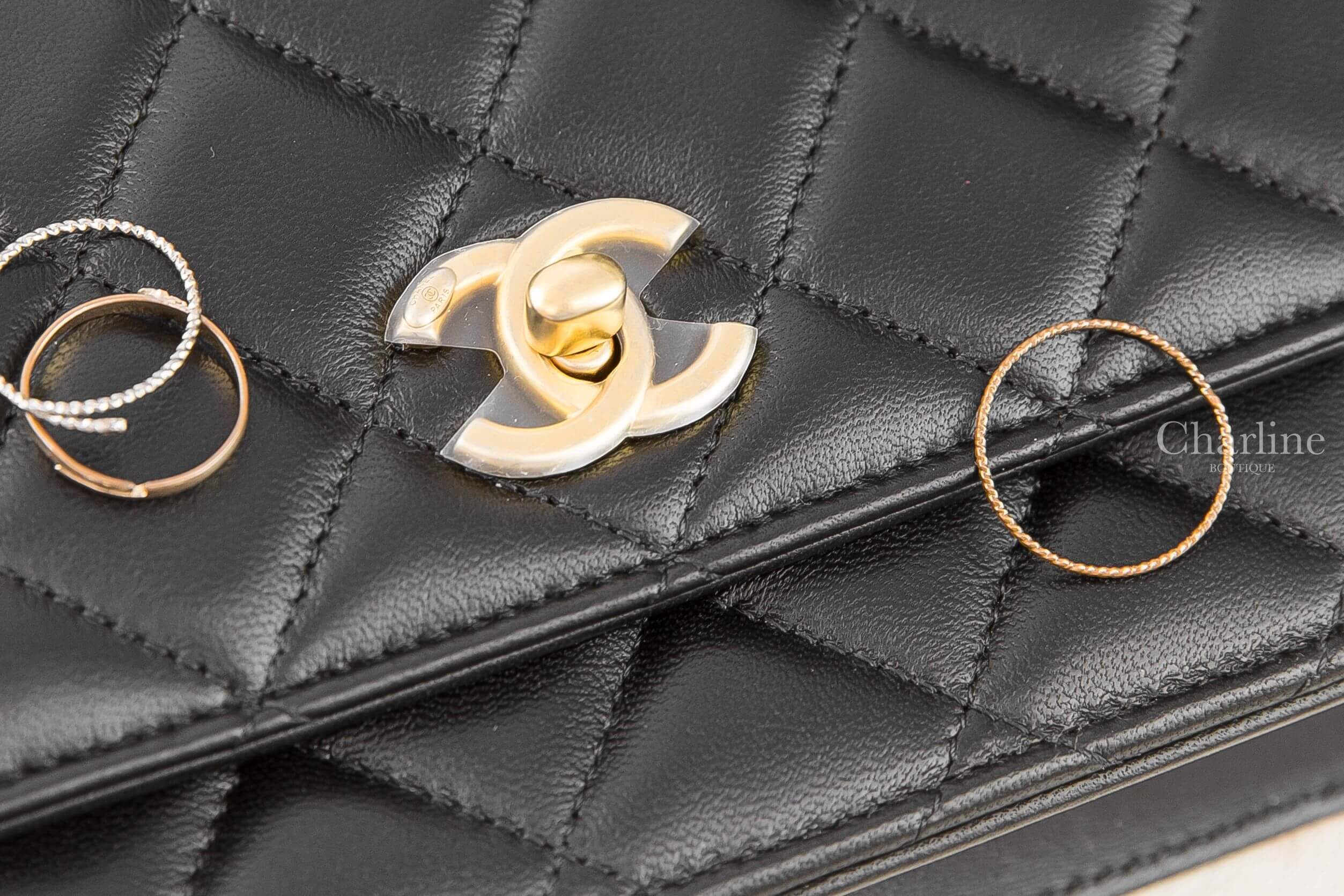Chanel Wallet On Chain 黑色金CC金色小珠鍊帶小羊皮菱格紋肩背包