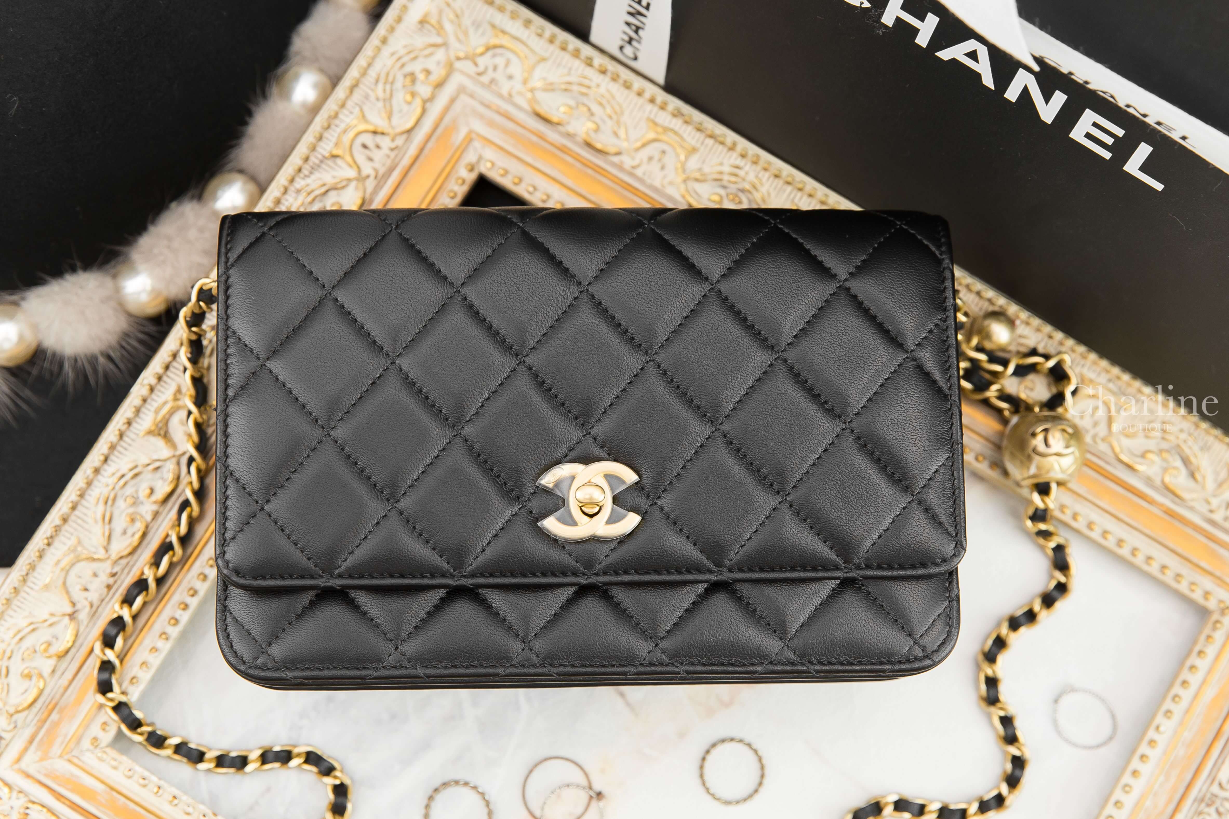Chanel Wallet On Chain 黑色金CC金色小珠鍊帶小羊皮菱格紋肩背包-Charline Boutique 精品代購