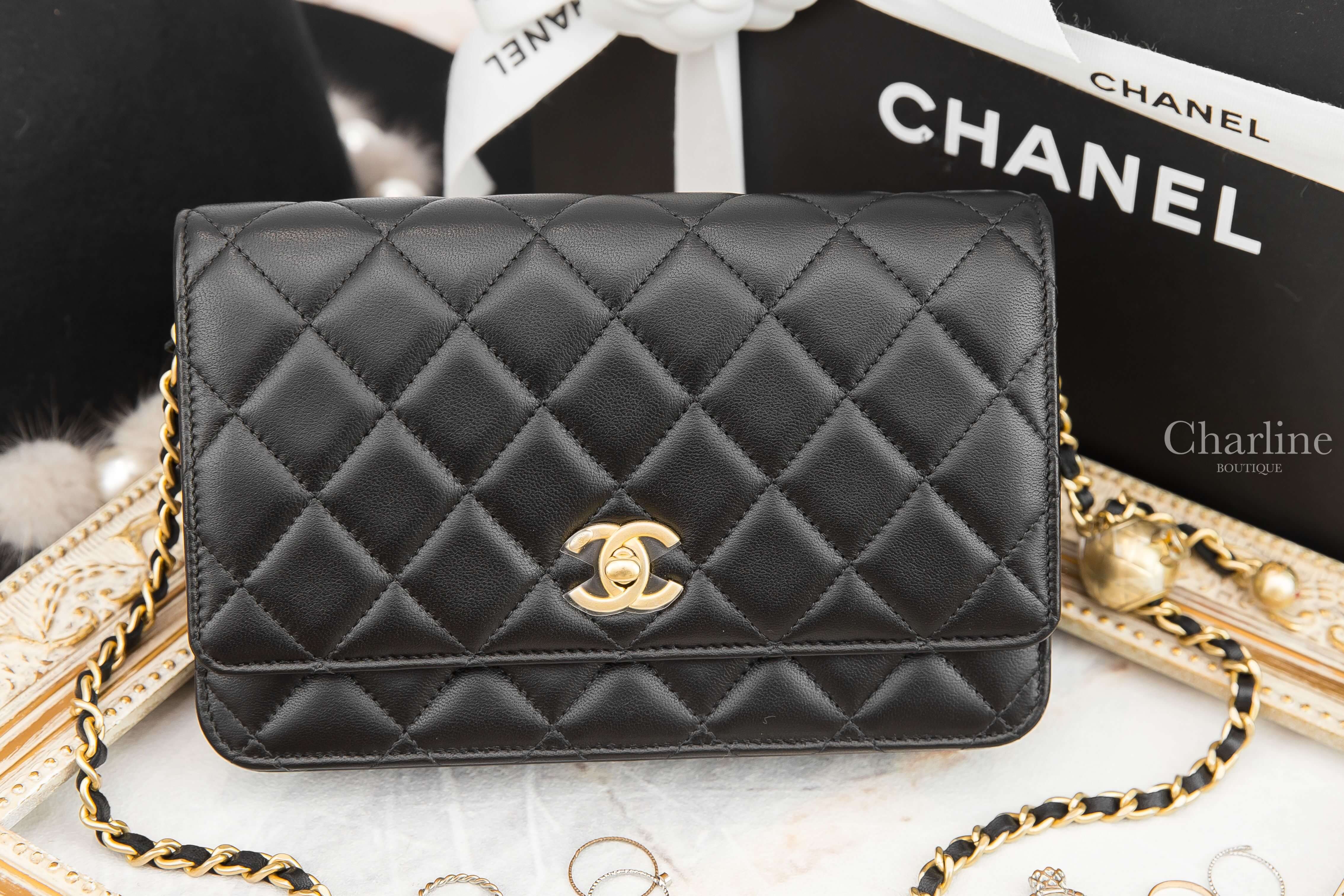 Chanel Wallet On Chain 黑色金CC金色小珠鍊帶小羊皮菱格紋肩背包-Charline Boutique 精品代購