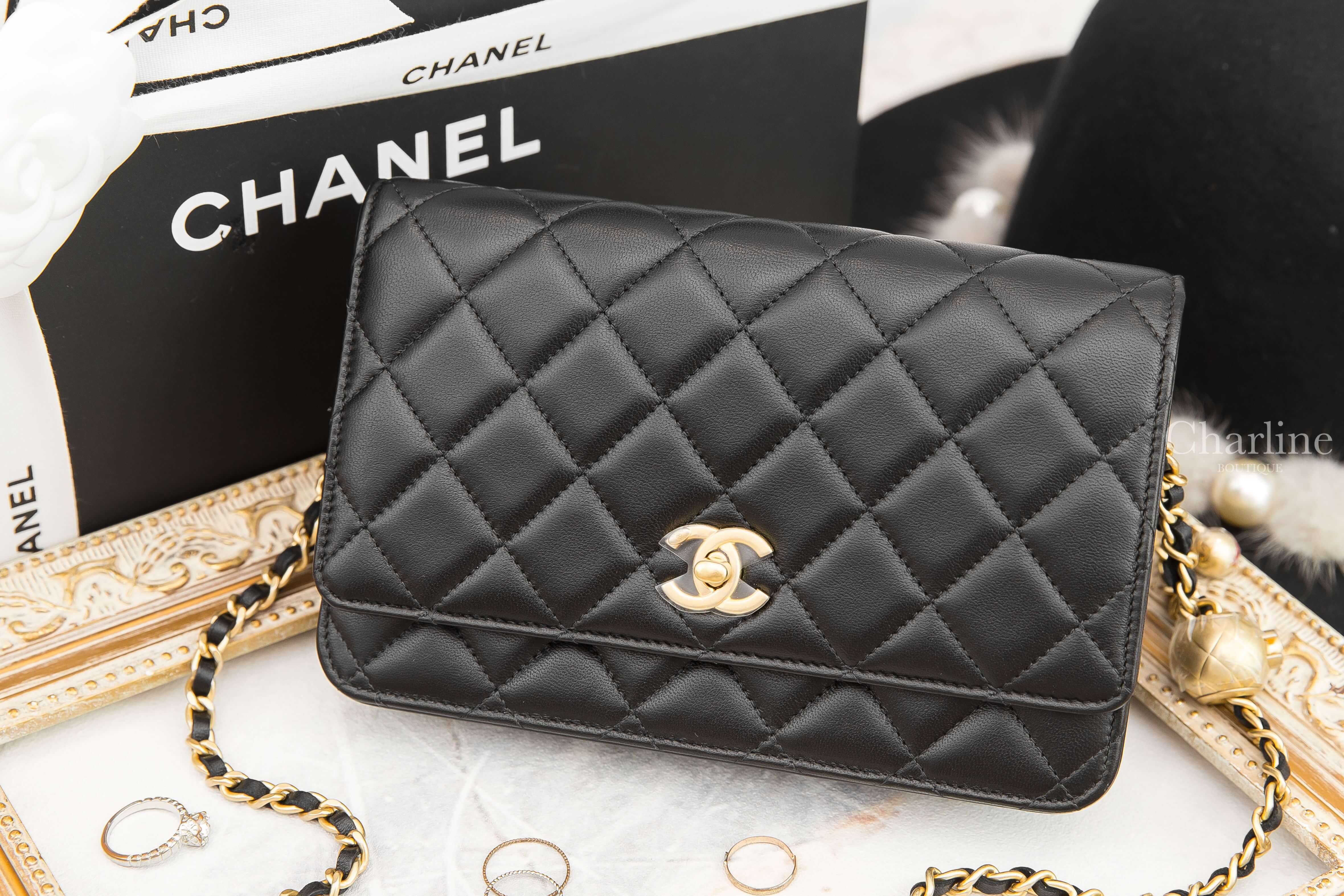 Chanel Wallet On Chain 黑色金CC金色小珠鍊帶小羊皮菱格紋肩背包-Charline Boutique 精品代購