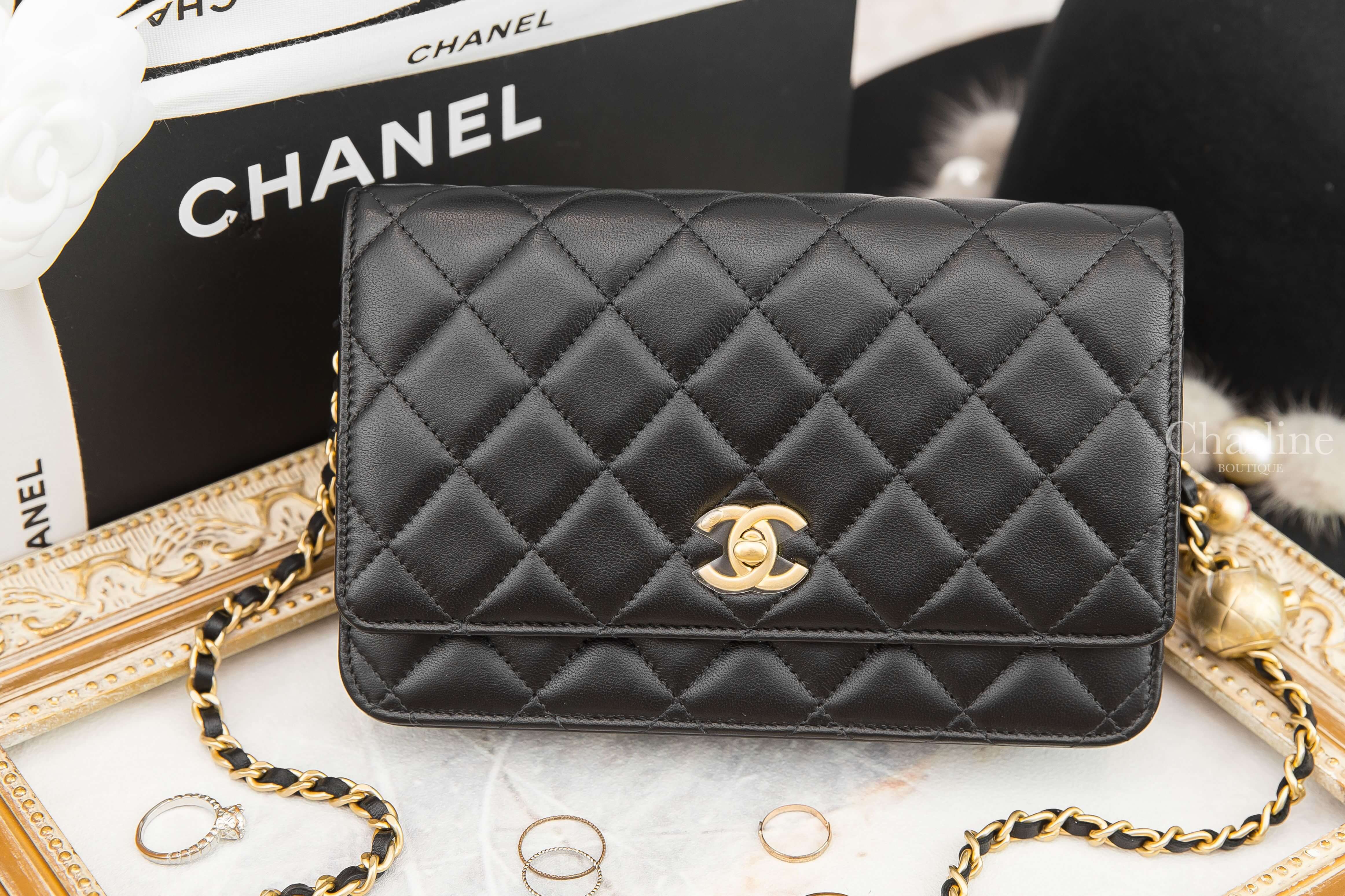 Chanel Wallet On Chain 黑色金CC金色小珠鍊帶小羊皮菱格紋肩背包-Charline Boutique 精品代購
