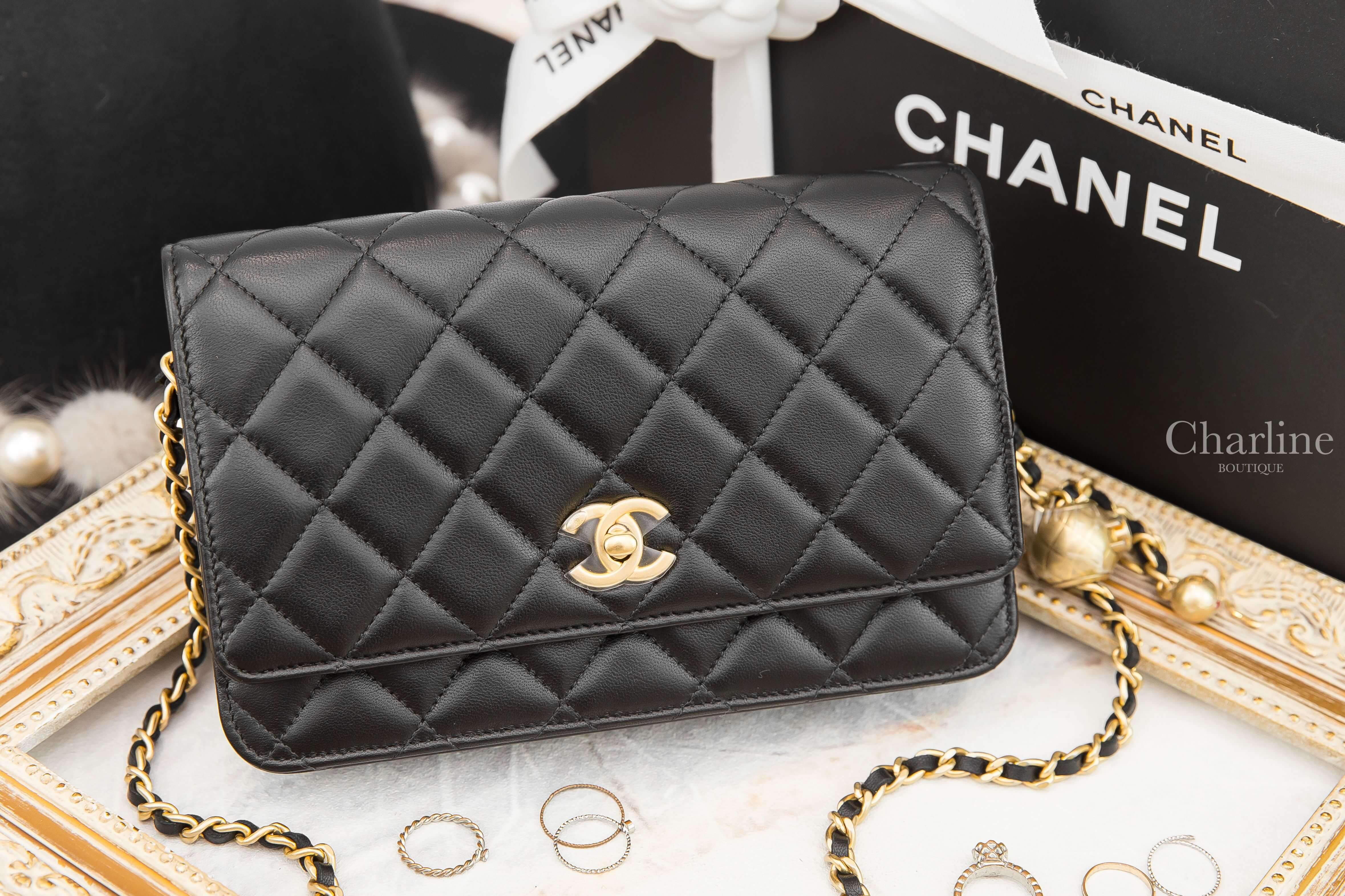 Chanel Wallet On Chain 黑色金CC金色小珠鍊帶小羊皮菱格紋肩背包-Charline Boutique 精品代購
