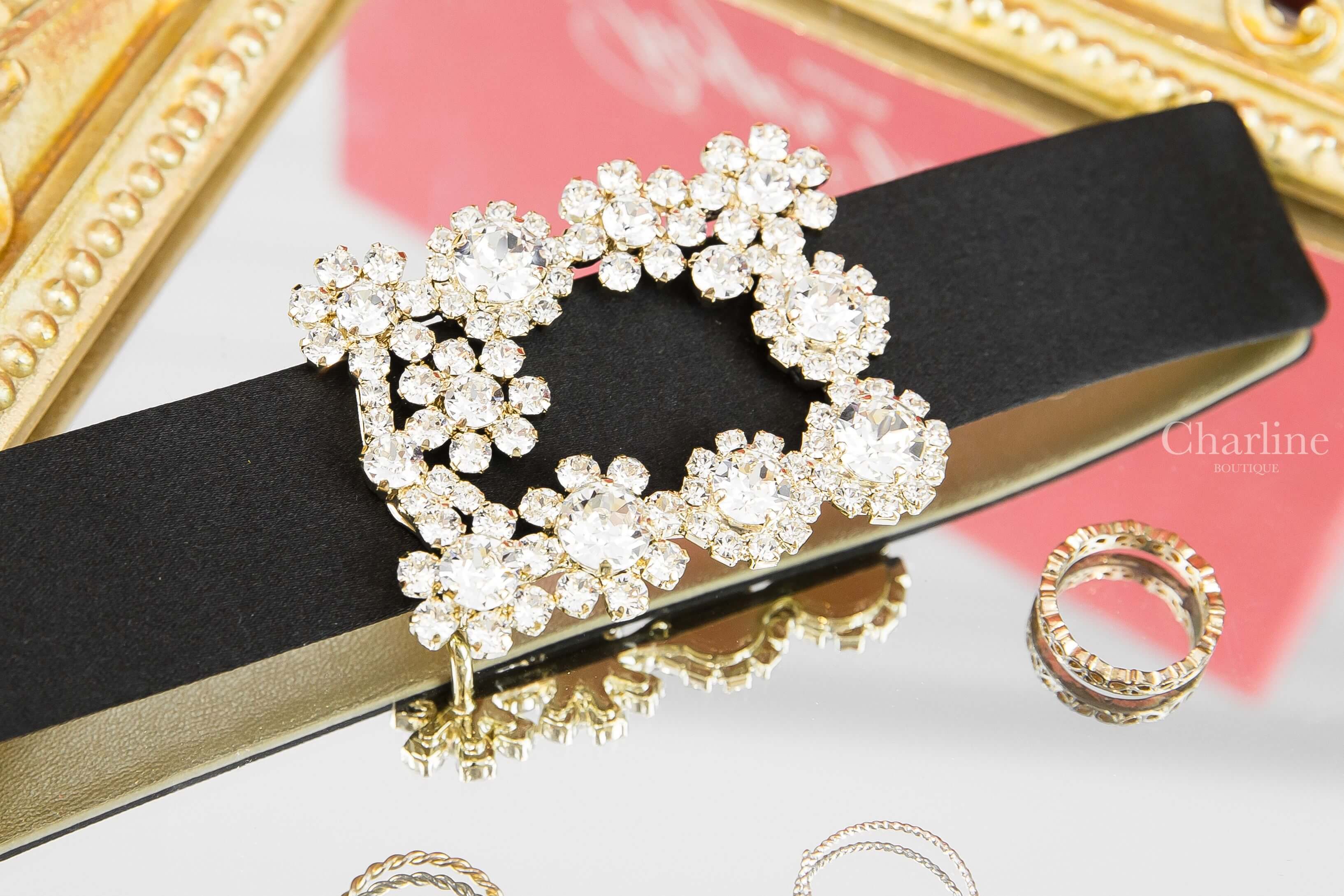 Roger Vivier Flower Strass Buckle Belt In Satin 黑色絲綢鑲鑽花形3cm方釦皮帶