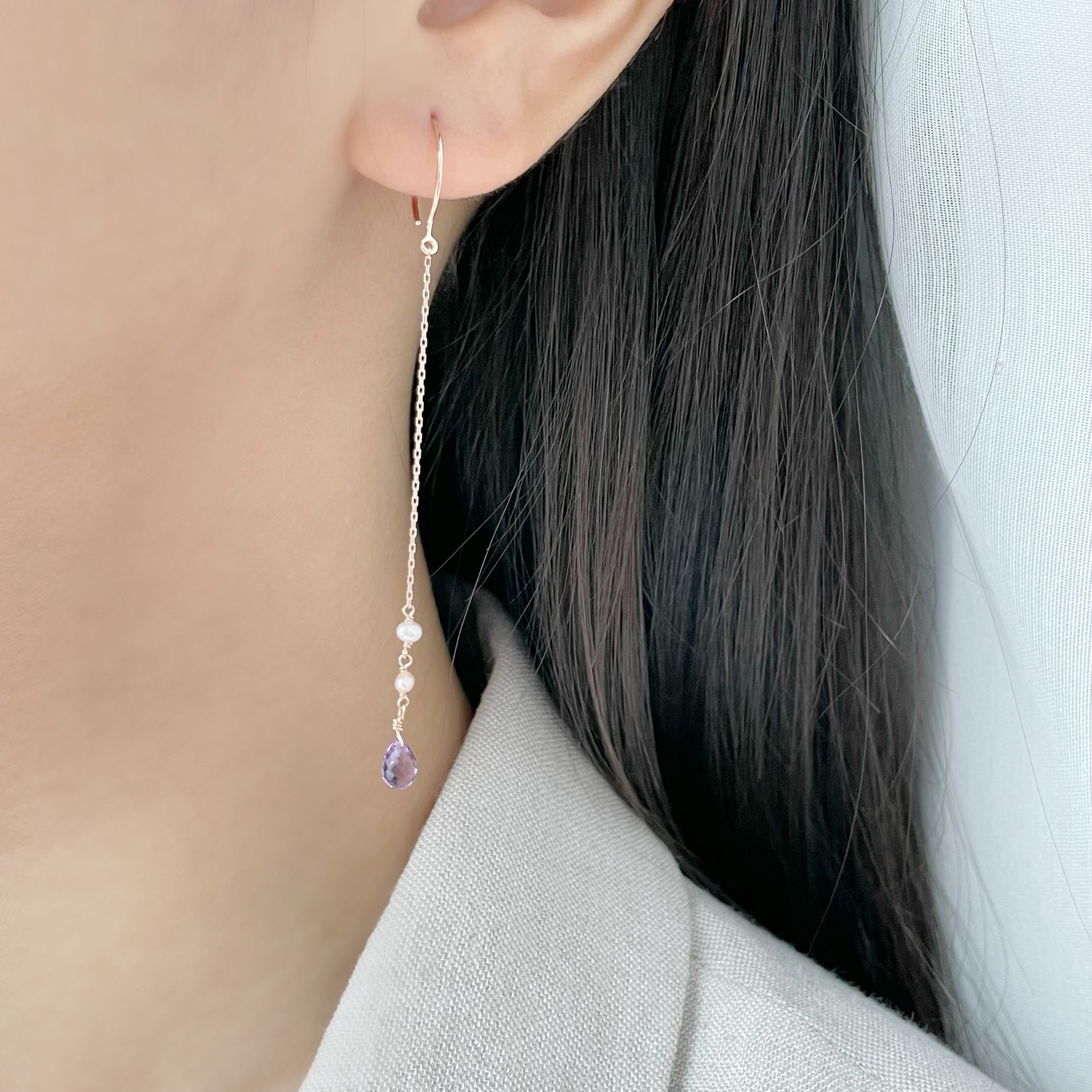 14K手工Tears紫水晶粉珍珠耳鏈