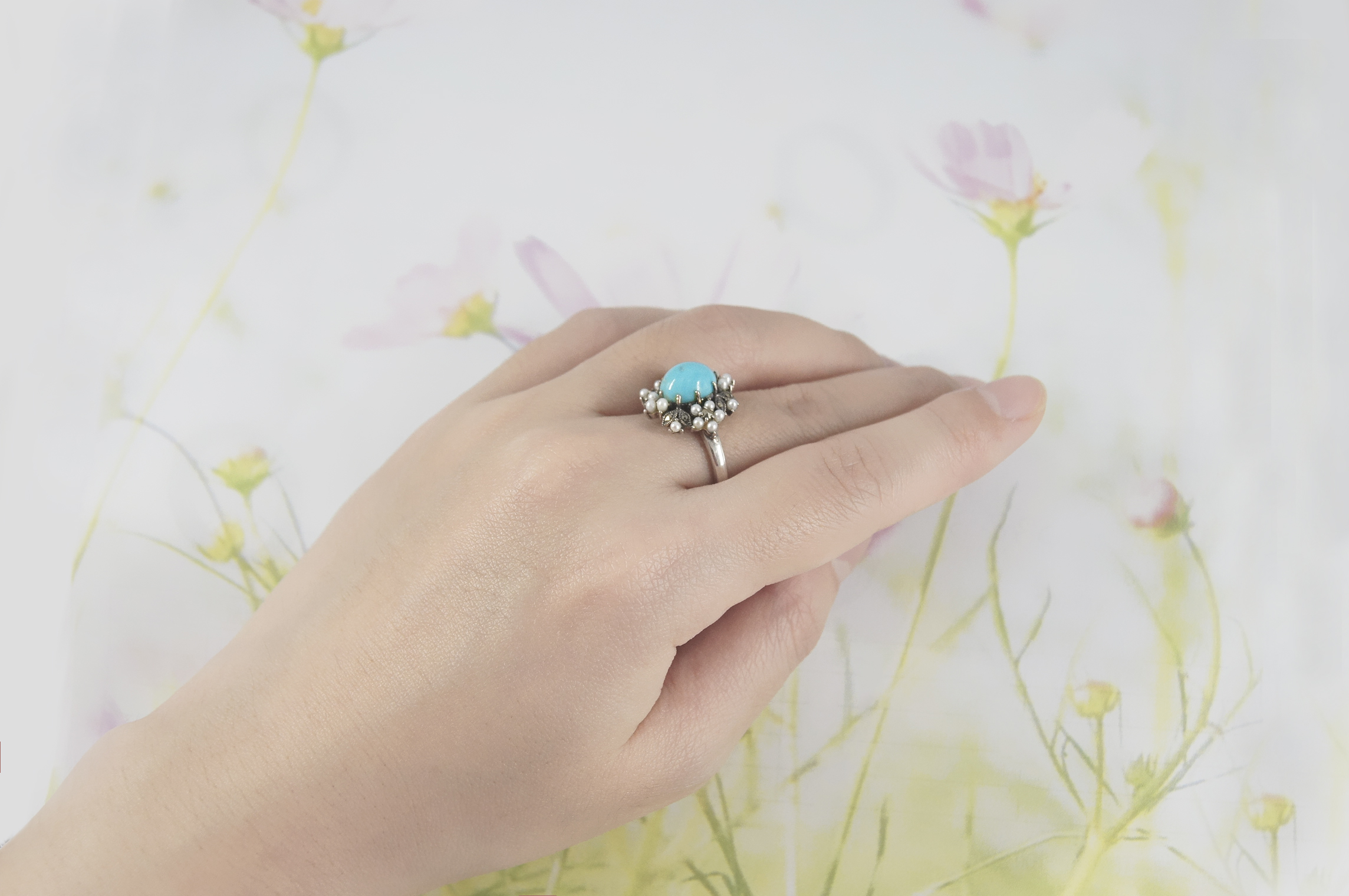 雪花綠松石小米珠戒指