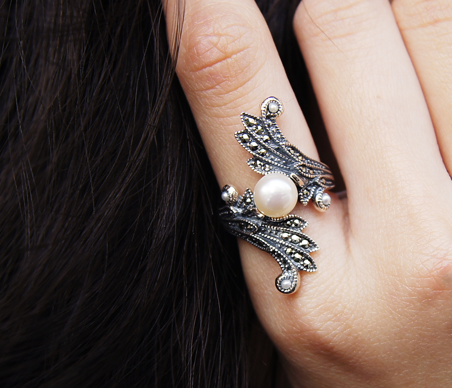 羽毛珍珠對稱戒指OP2026