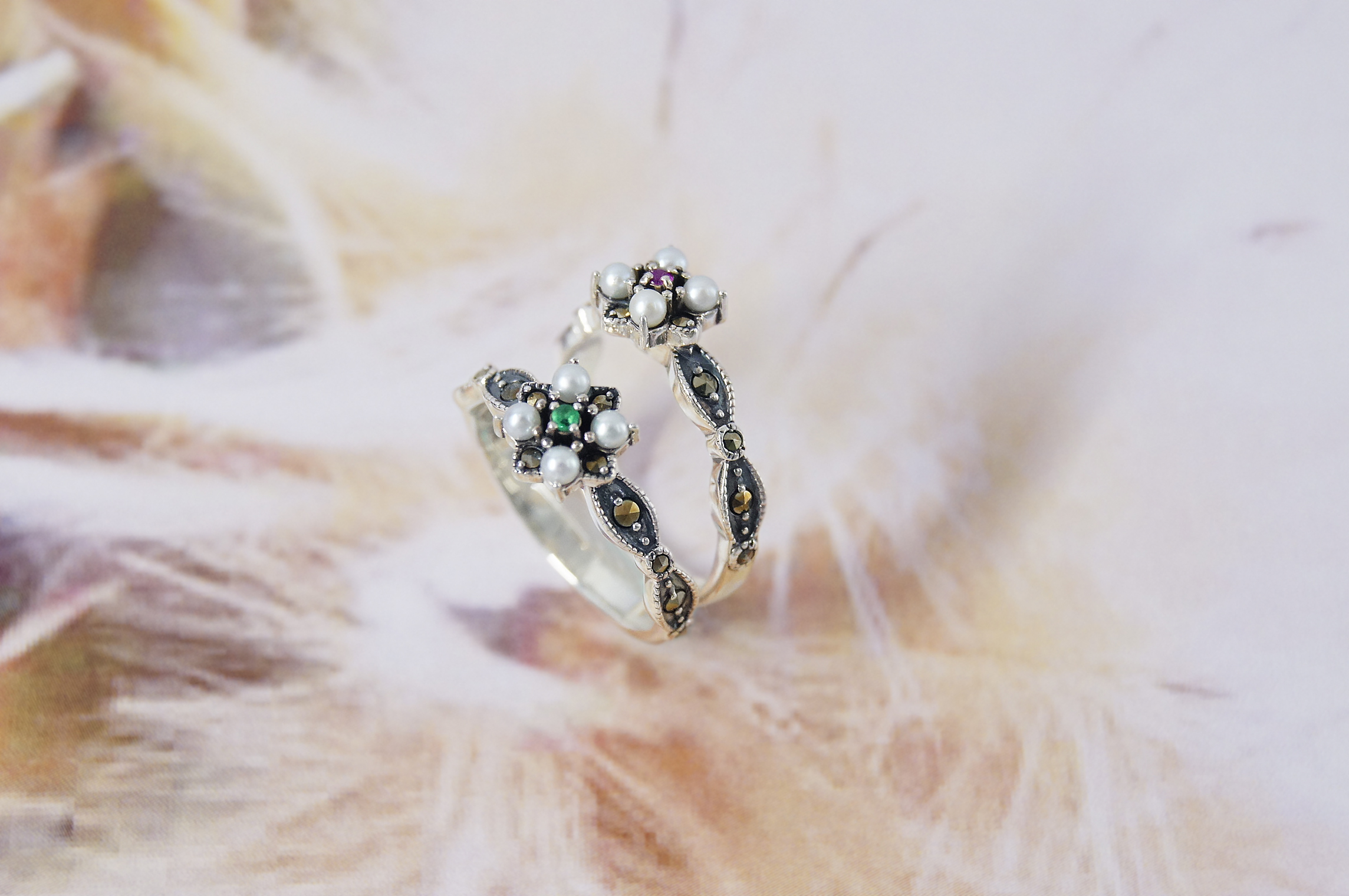 小花紅寶祖母綠戒指套組OP1903