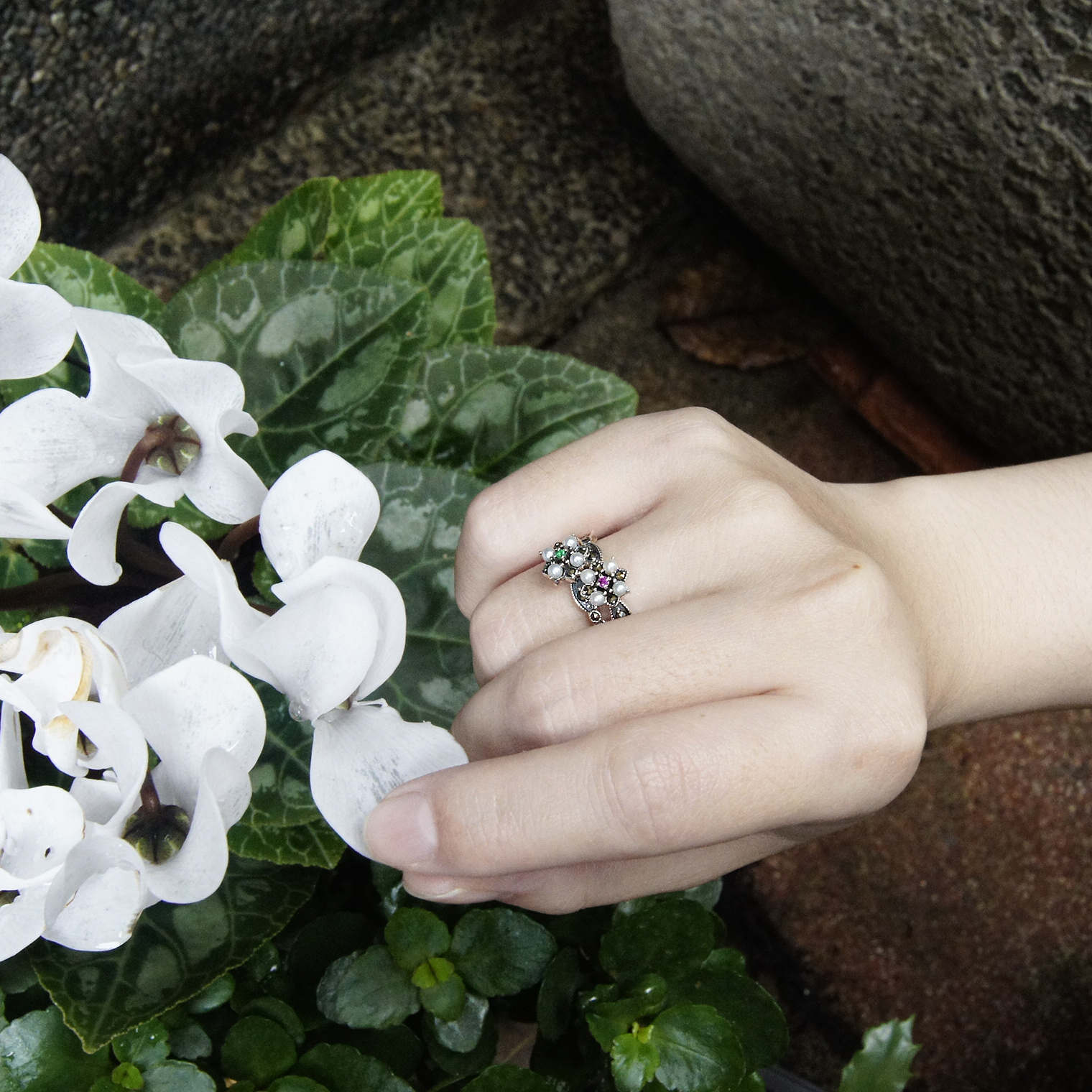 小花紅寶祖母綠戒指套組OP1903